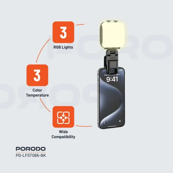 چراغ گیره ای قابل حمل مناسب تولید محتوا پرودو( PD-LFST065-BK) Porodo Lifestyle Clip-On Fill Light - Black