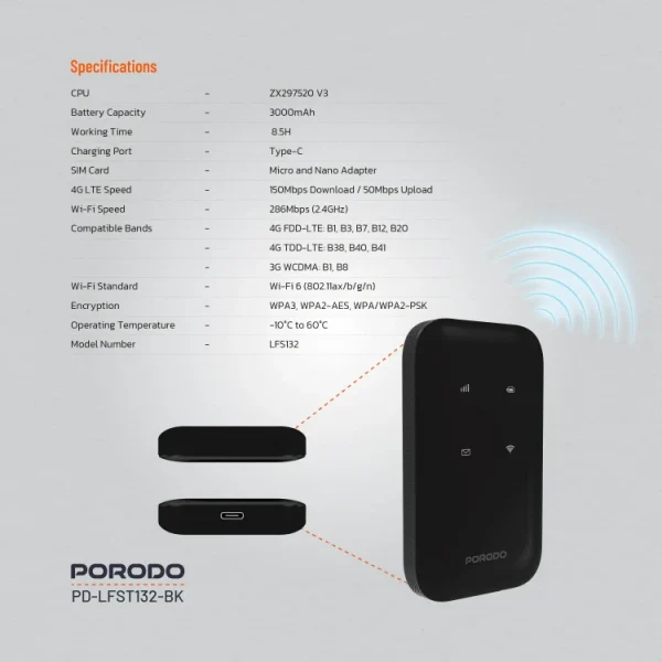 مودم جیبی پرودو Porodo PD-LFST132 4G LTE & WiFi 6